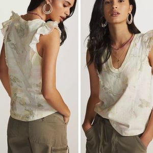 Pilcro Anthropologie Pastel Abstract Print Ruffle Scoop Neck Tee
